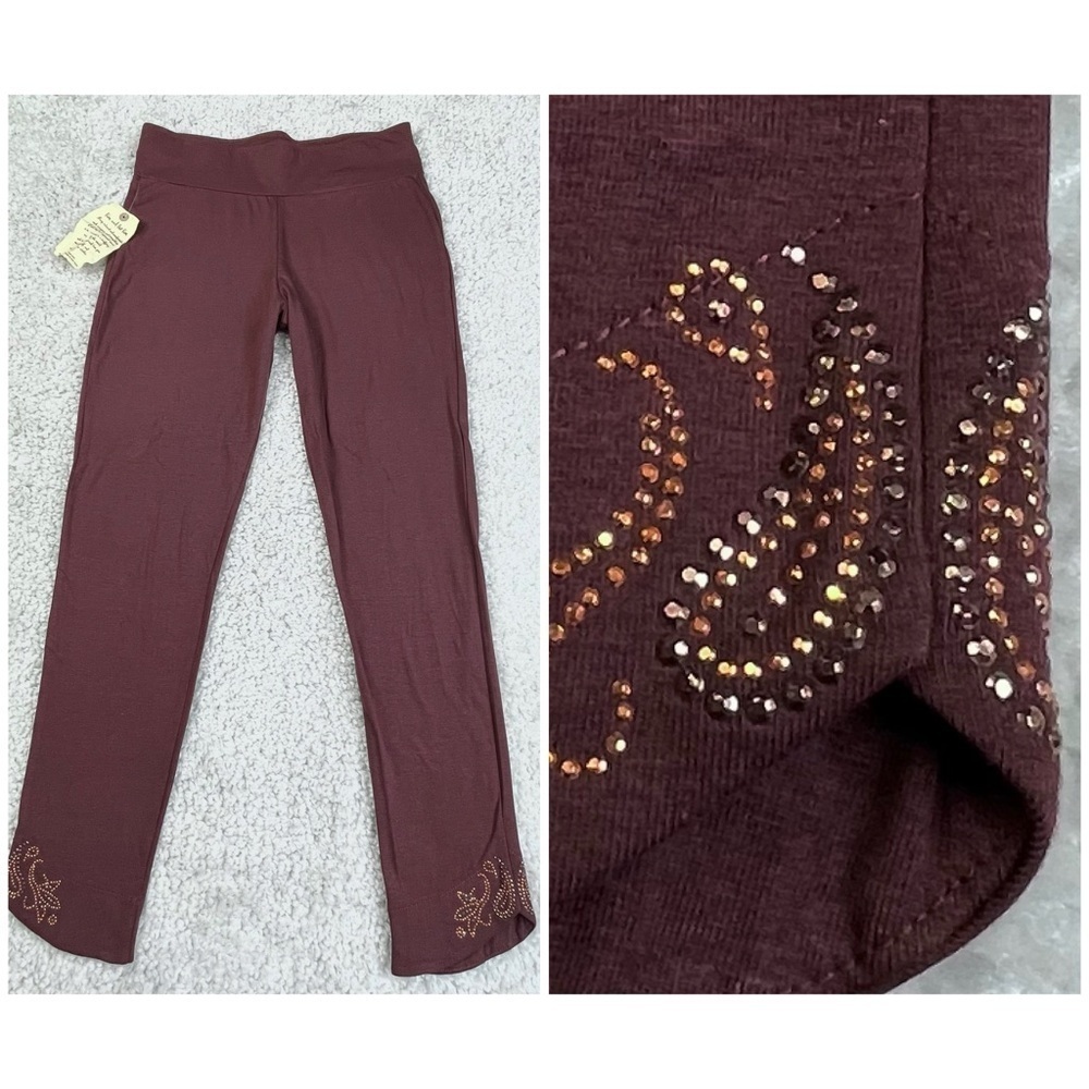NWT One World Ankle Pants Brown Beaded Sequin Boho Gypsy Festival M